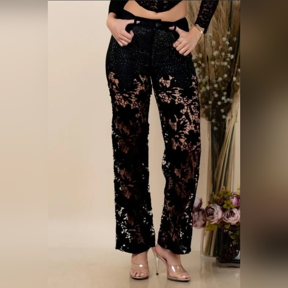 Black Lace Women's Pants With Rhinestone Embellishments. Sz M. NWT